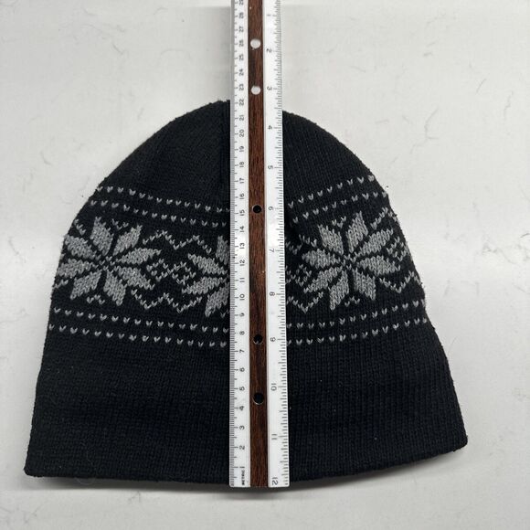 Bkack Knit Fleece Lined Snowflake Beanie Winter Warm Snow Hat - Picture 7 of 9